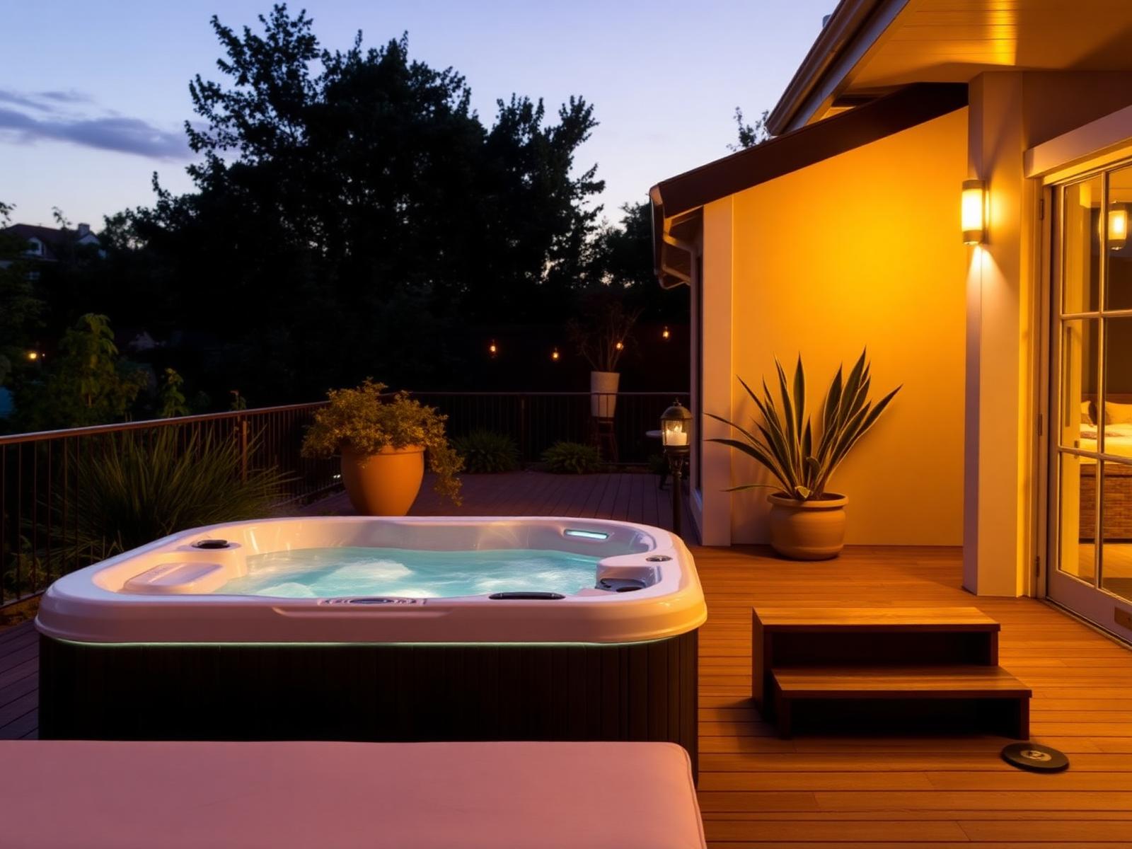 Spa installé sur une terrasse en soirée